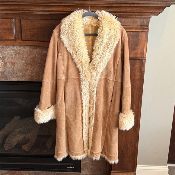 Wilsons Leather tan suede leather faux fur trim midi length Penny Lane jacket L - Picture 3 of 13